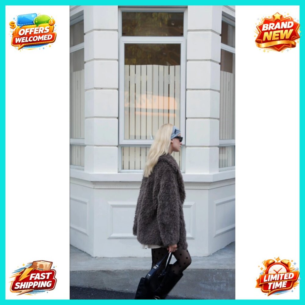 Oversized Faux Fur Coat Lapel Collar Open Front Fuzzy Jacket Winter Warm - Picture 7 of 7